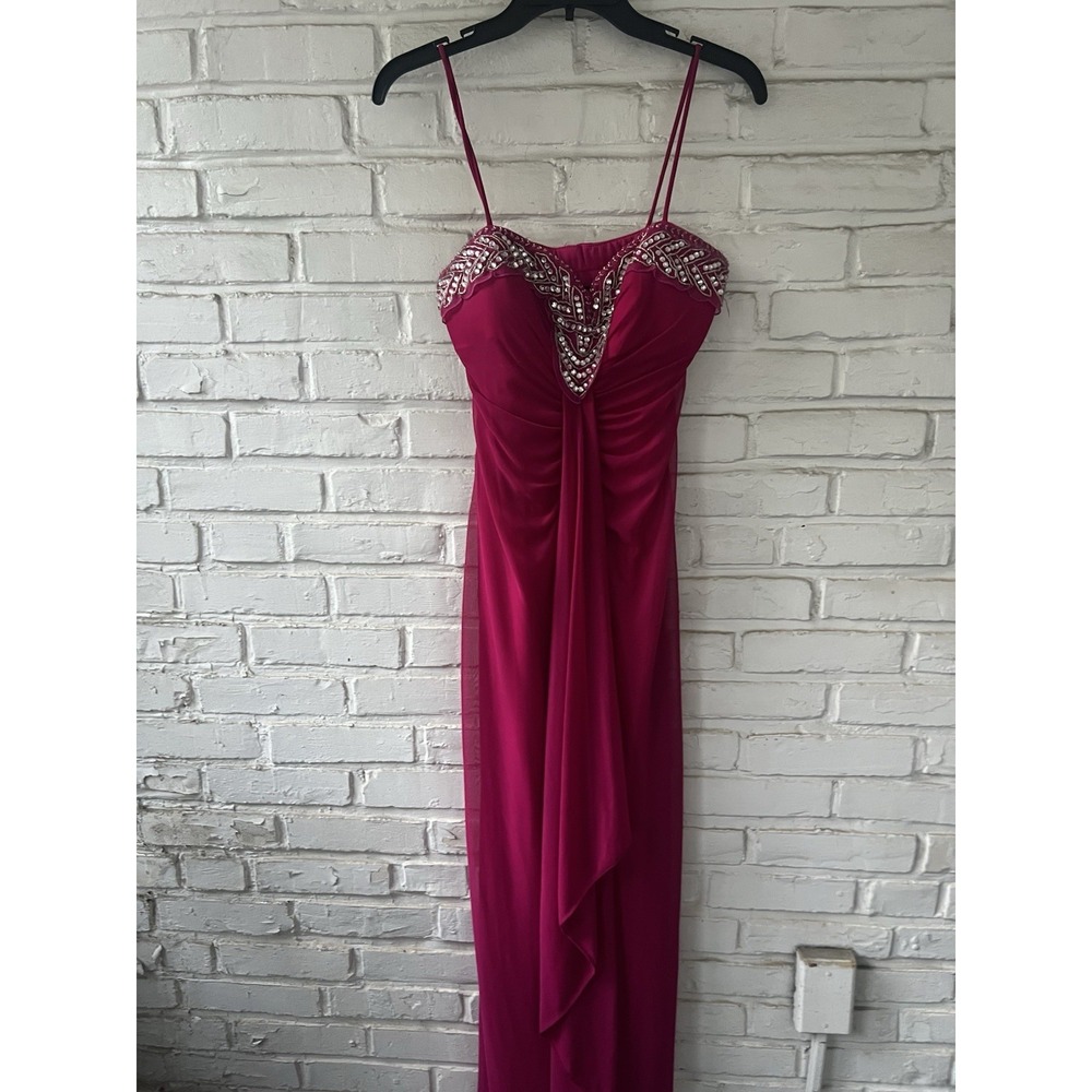 VTG Reign On Women Hot Pink Spaghetti Strap Sequins Formal‎ Satin Dress Size 3/4